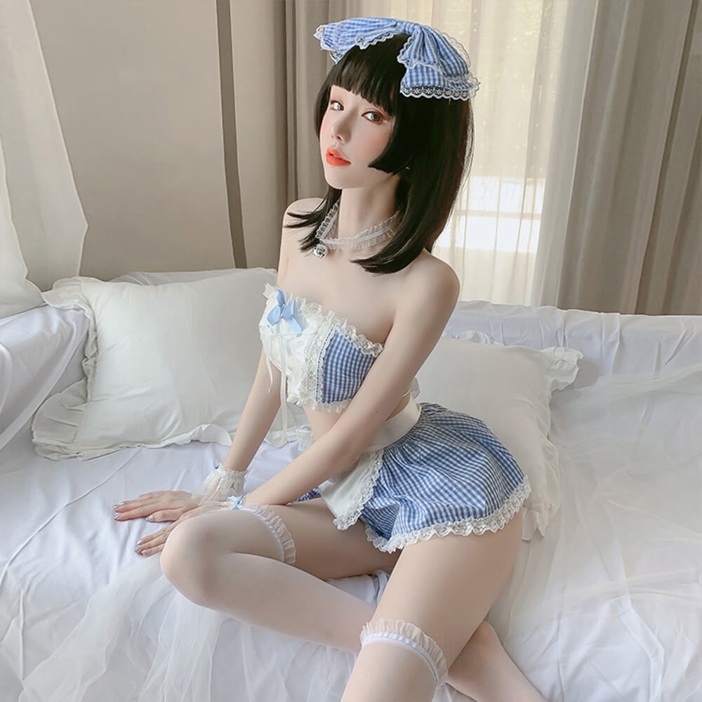 Sexy Lace Anime Maid Apron Tube Top Babydoll Costume Set Blesssafe