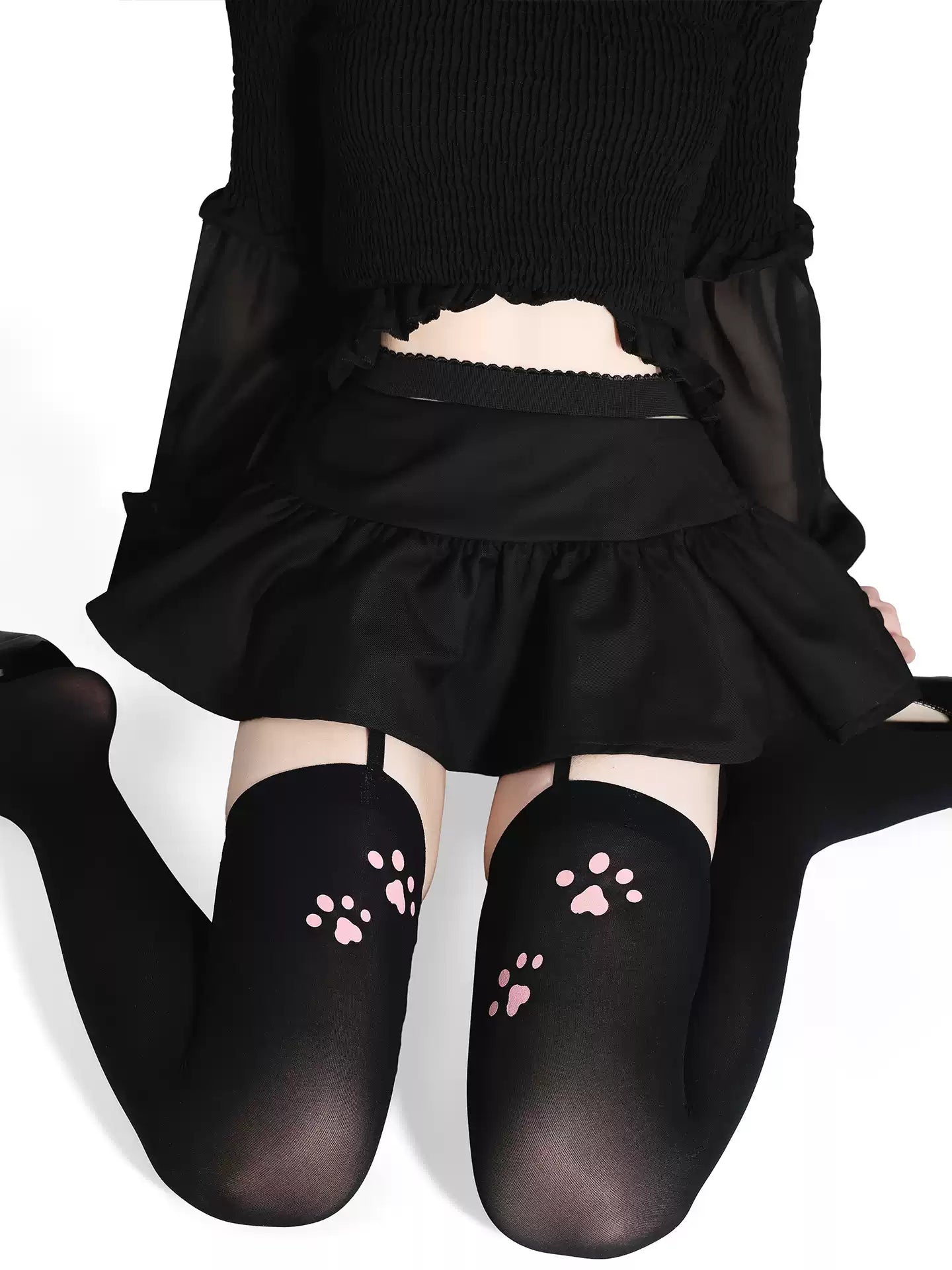 Catwalk Story Paw Print Garter Stockings - Skimpy Clothes BLESSSAFE