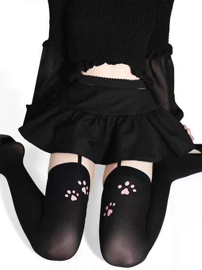 Catwalk Story Paw Print Garter Stockings - Skimpy Clothes BLESSSAFE