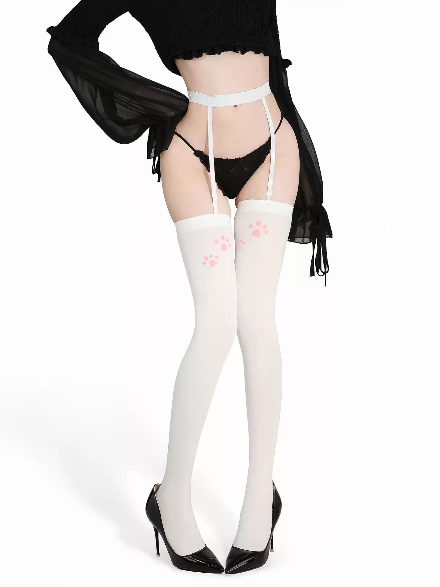 Catwalk Story Paw Print Garter Stockings - Skimpy Clothes BLESSSAFE