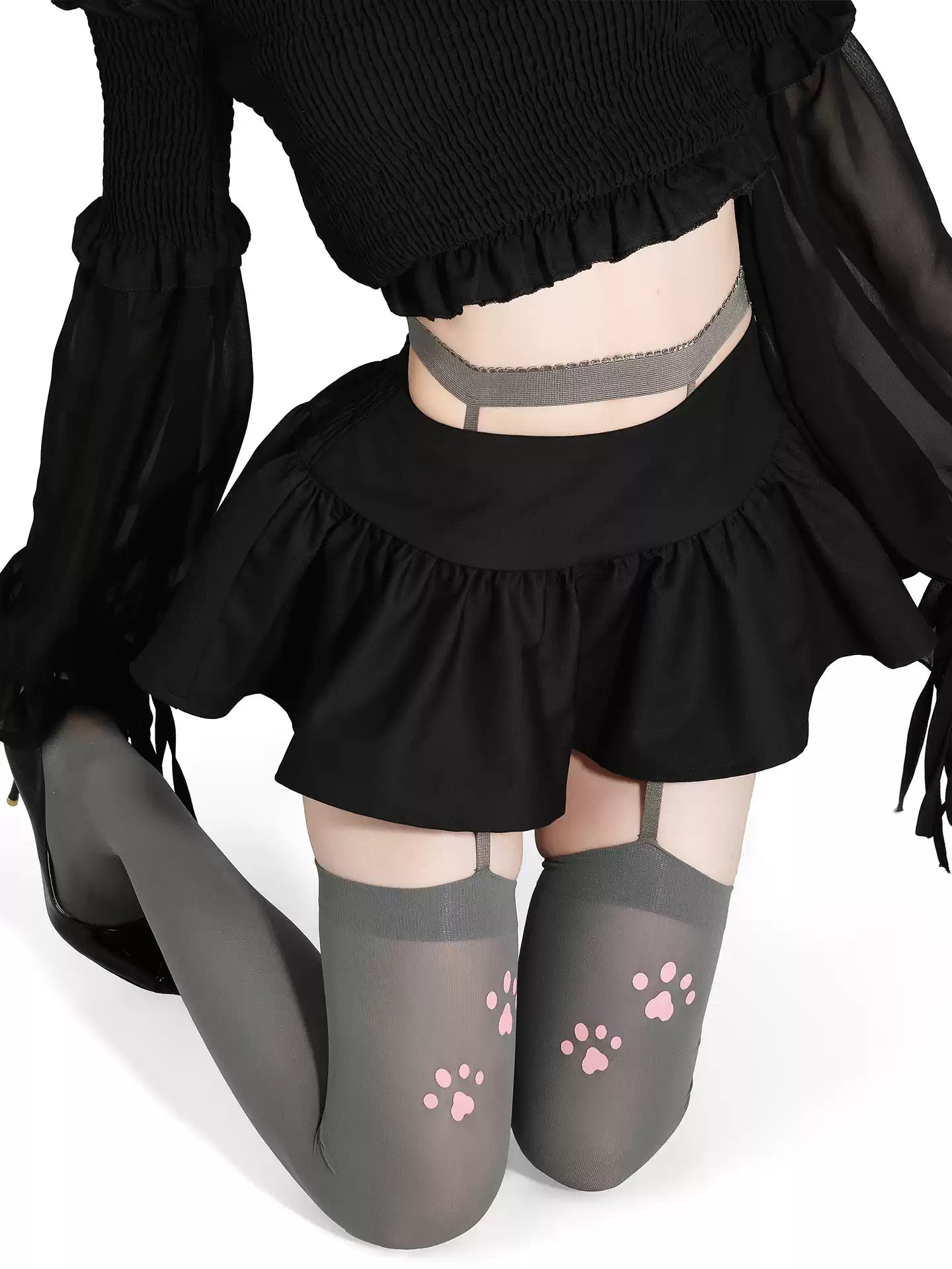 Catwalk Story Paw Print Garter Stockings - Skimpy Clothes BLESSSAFE