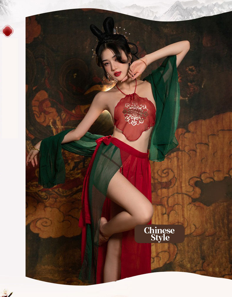 Red Oriental Lingerie with Green Shawl blesssafe
