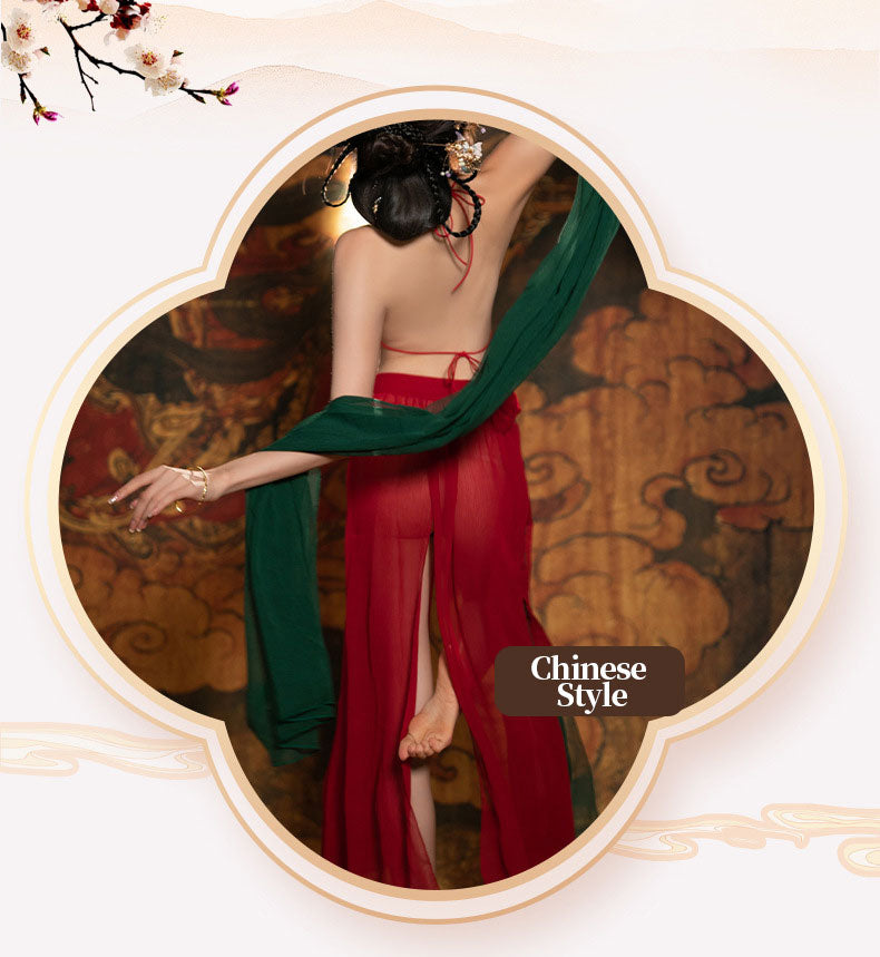 Red Oriental Lingerie with Green Shawl blesssafe
