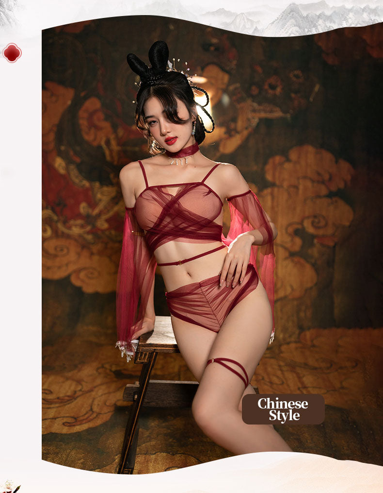Red Oriental lingerie set with mesh shawl blesssafe