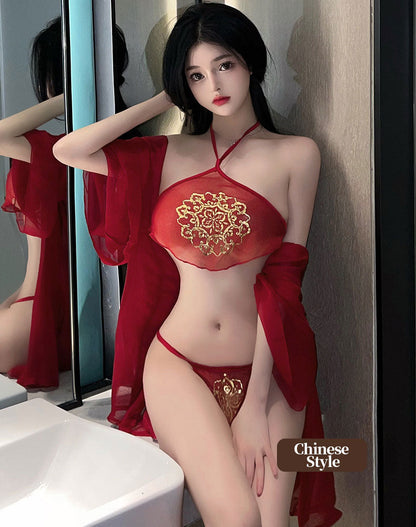 Red Oriental Lingerie with Gold Embroidery blesssafe