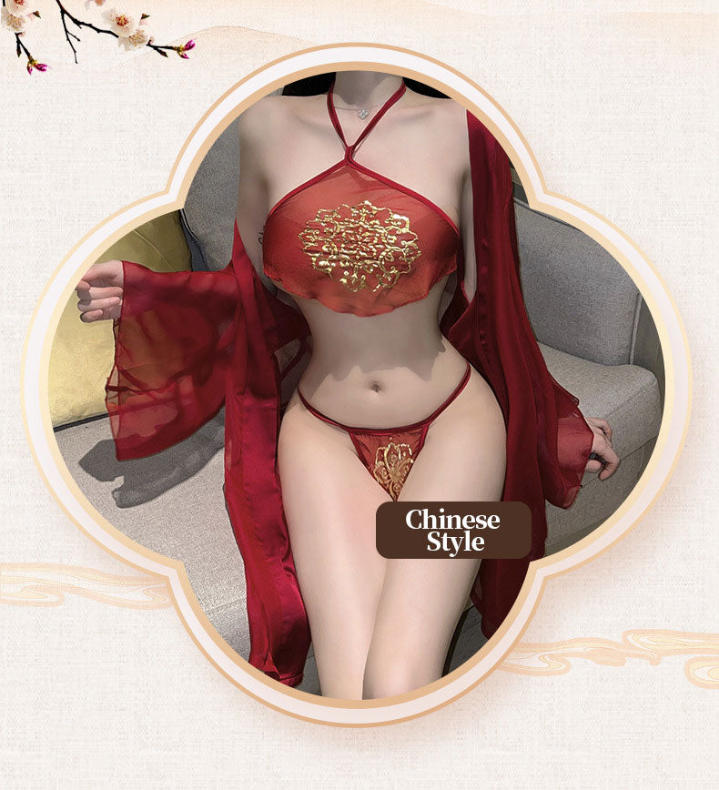 Red Oriental Lingerie with Gold Embroidery blesssafe