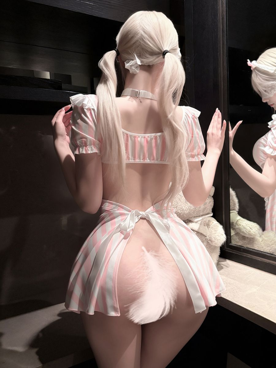 Pink Striped Maid Cosplay Babydoll Dress Set Blesssafe