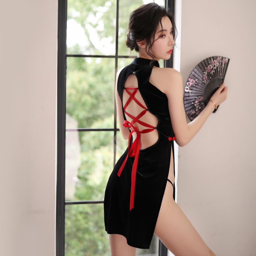 Sexy Hot Cheongsam Side Split Velvet Cross Straps Back Lingerie Costume Blesssafe