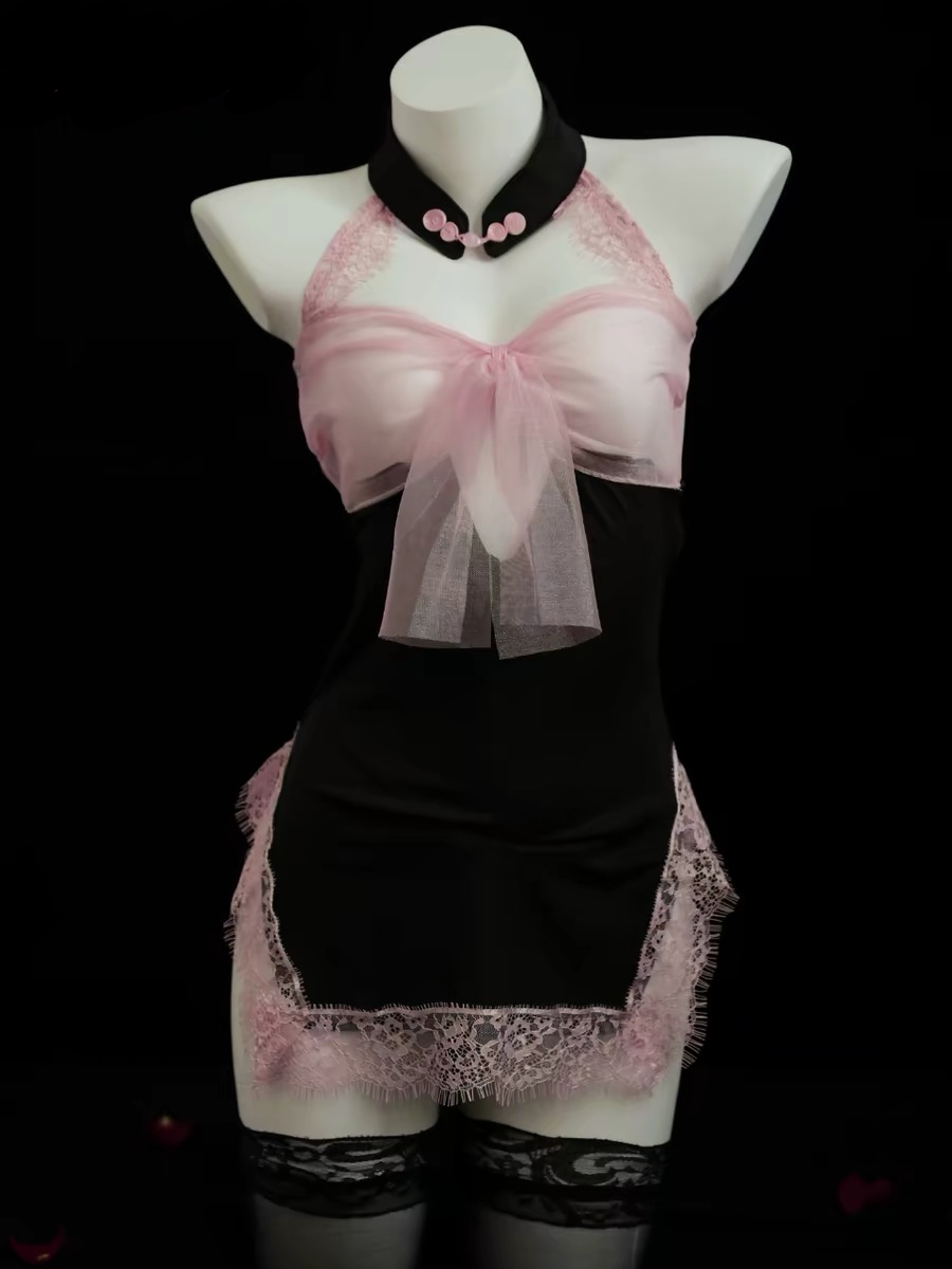 Cute Pink Bow Halter Cheongsam Lingerie | Petite Bust Friendly BLESSSAFE