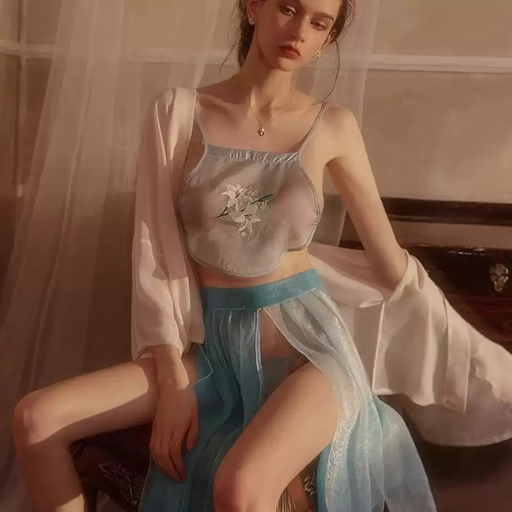 Ethereal Oriental Dudou & Flowing Sheer Skirt 4-Piece Sleepwear Set blesssafe