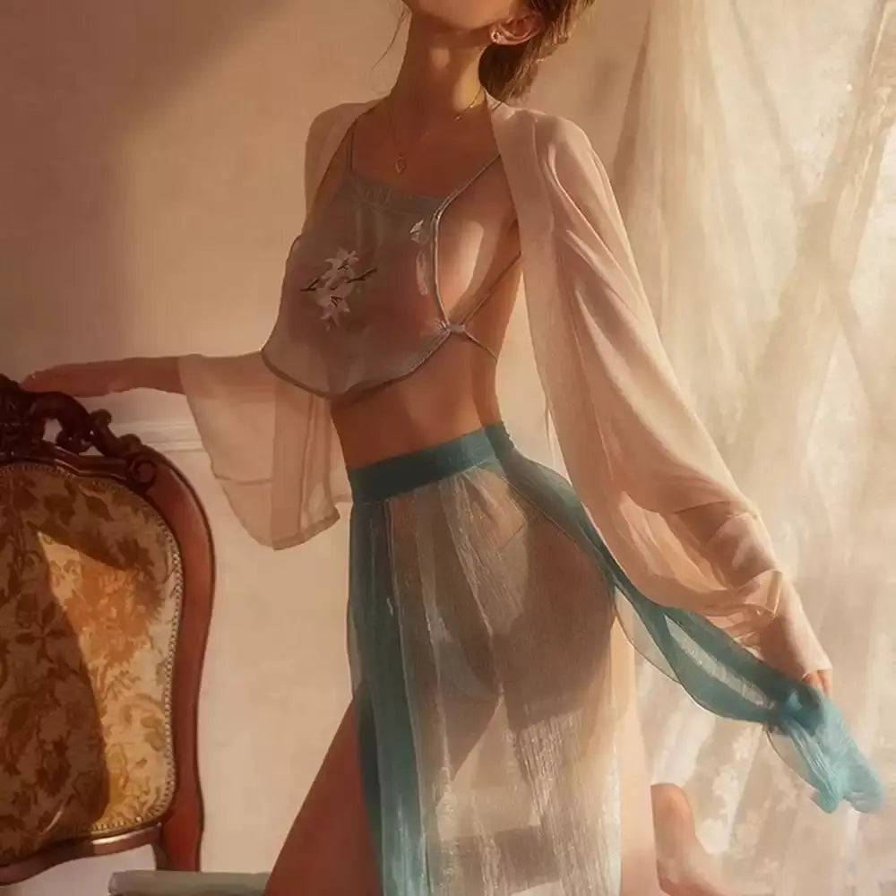 Ethereal Oriental Dudou & Flowing Sheer Skirt 4-Piece Sleepwear Set blesssafe