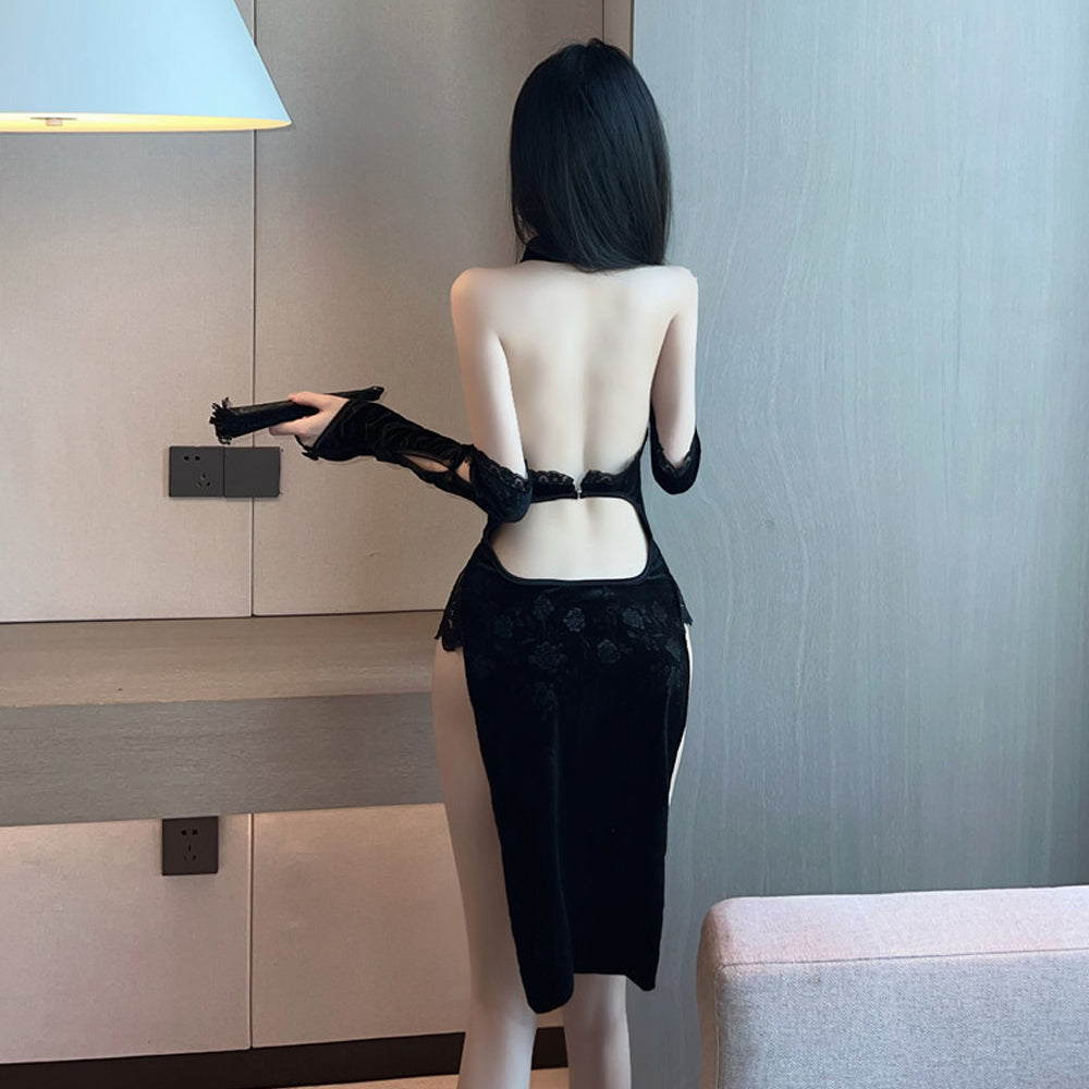Sexy Cheongsam Dress for Women Cut Out Chinese Cosplay Lingerie High Slit Qipao Nightgowns Blesssafe