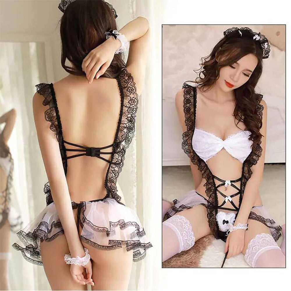Eyelash Lace College Maid Babydoll Cosplay Uniform Set Blesssafe
