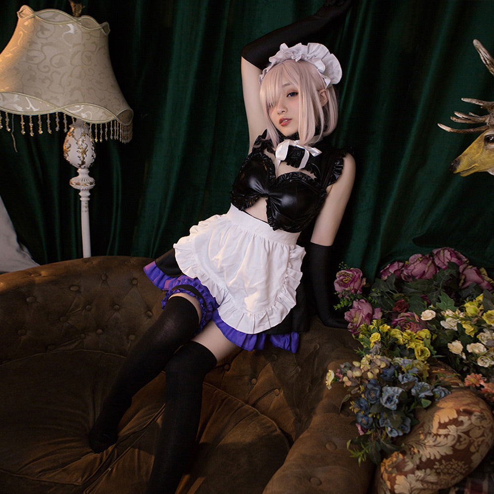 FGO Mash Kyrielight Anime Maid Cosplay Latex-Look Dress Full Set Blesssafe