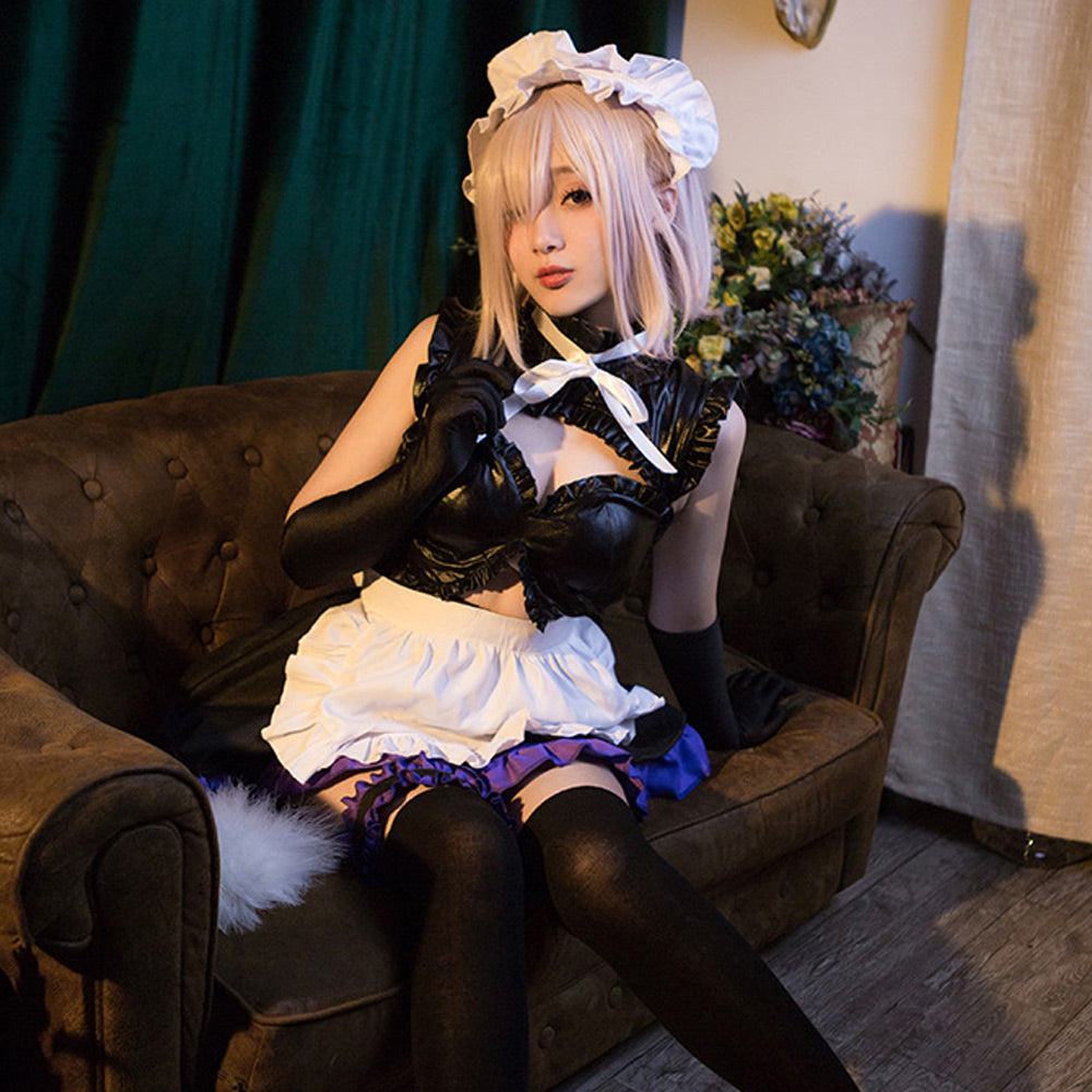 FGO Mash Kyrielight Anime Maid Cosplay Latex-Look Dress Full Set Blesssafe