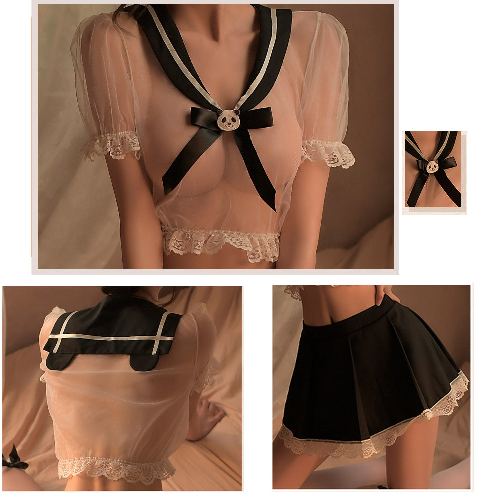 Naughty Mesh Roleplay Outfit - Sexy Transparent Schoolgirl Set Blesssafe