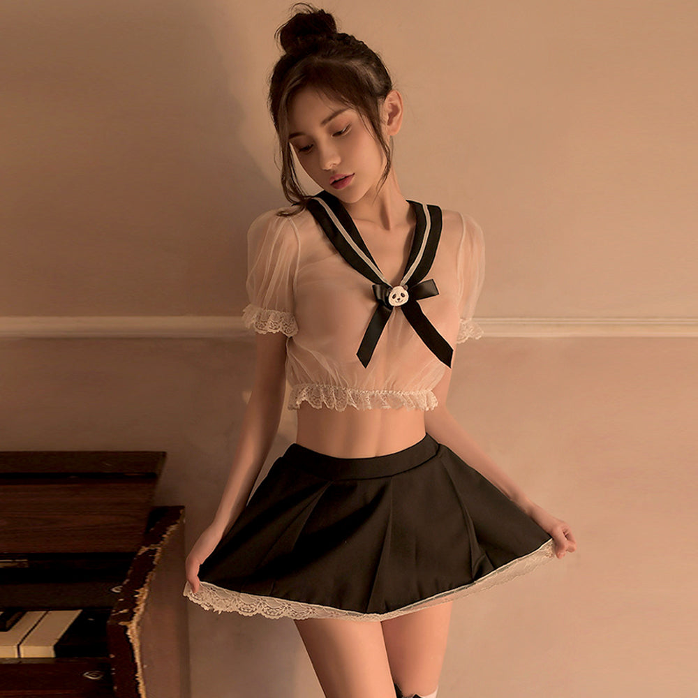 Naughty Mesh Roleplay Outfit - Sexy Transparent Schoolgirl Set Blesssafe
