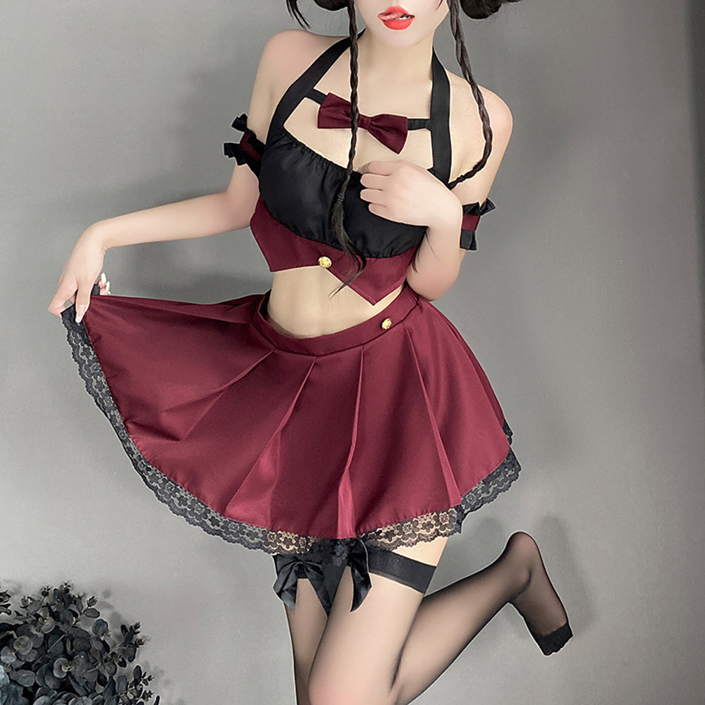 Anime Halter Crop Top and Pleated Skirt - Two Piece School Uniform Blesssafe