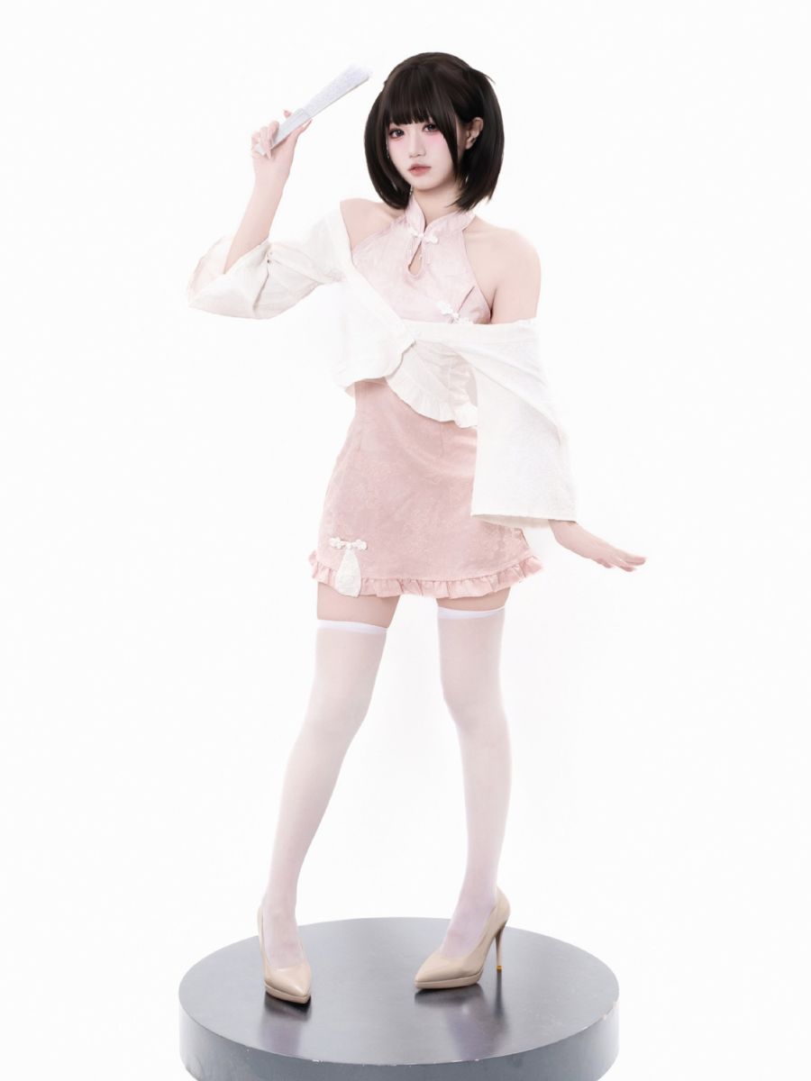 Pink Cheongsam Dress w/ Kimono Shrug - Two Piece Anime Costume Blesssafe