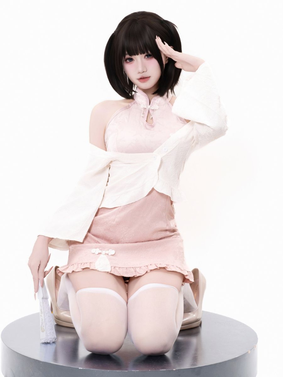 Pink Cheongsam Dress w/ Kimono Shrug - Two Piece Anime Costume Blesssafe
