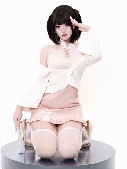 Pink Cheongsam Dress w/ Kimono Shrug - Two Piece Anime Costume Blesssafe