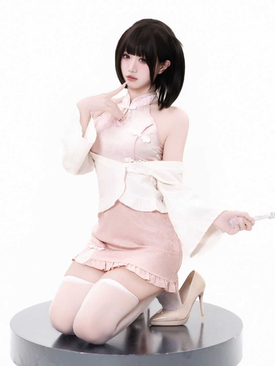 Pink Cheongsam Dress w/ Kimono Shrug - Two Piece Anime Costume Blesssafe