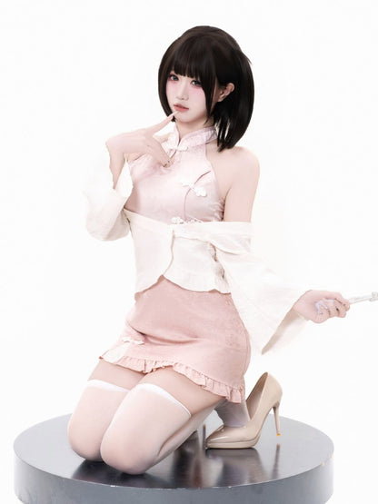 Pink Cheongsam Dress w/ Kimono Shrug - Two Piece Anime Costume Blesssafe