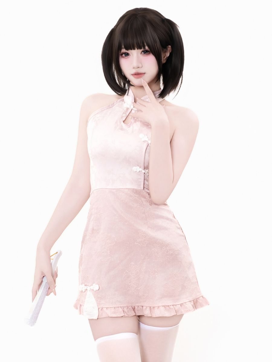 Pink Cheongsam Dress w/ Kimono Shrug - Two Piece Anime Costume Blesssafe