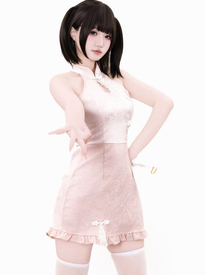 Pink Cheongsam Dress w/ Kimono Shrug - Two Piece Anime Costume Blesssafe