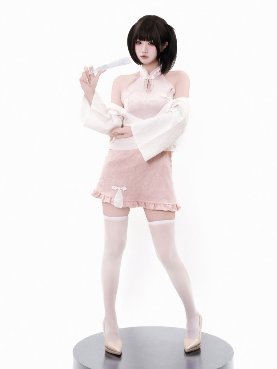 Pink Cheongsam Dress w/ Kimono Shrug - Two Piece Anime Costume Blesssafe