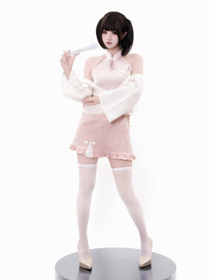 Pink Cheongsam Dress w/ Kimono Shrug - Two Piece Anime Costume Blesssafe