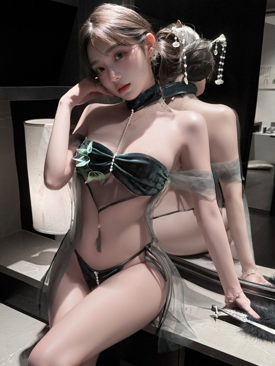 Bamboo Leaf Chinese-Inspired Lingerie Set - Sheer Underwear Set Blesssafe