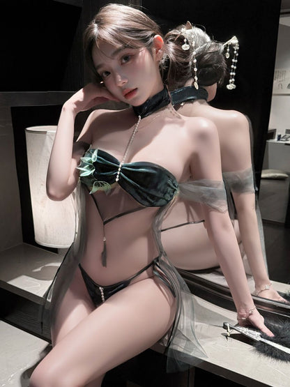 Bamboo Leaf Chinese-Inspired Lingerie Set - Sheer Underwear Set Blesssafe