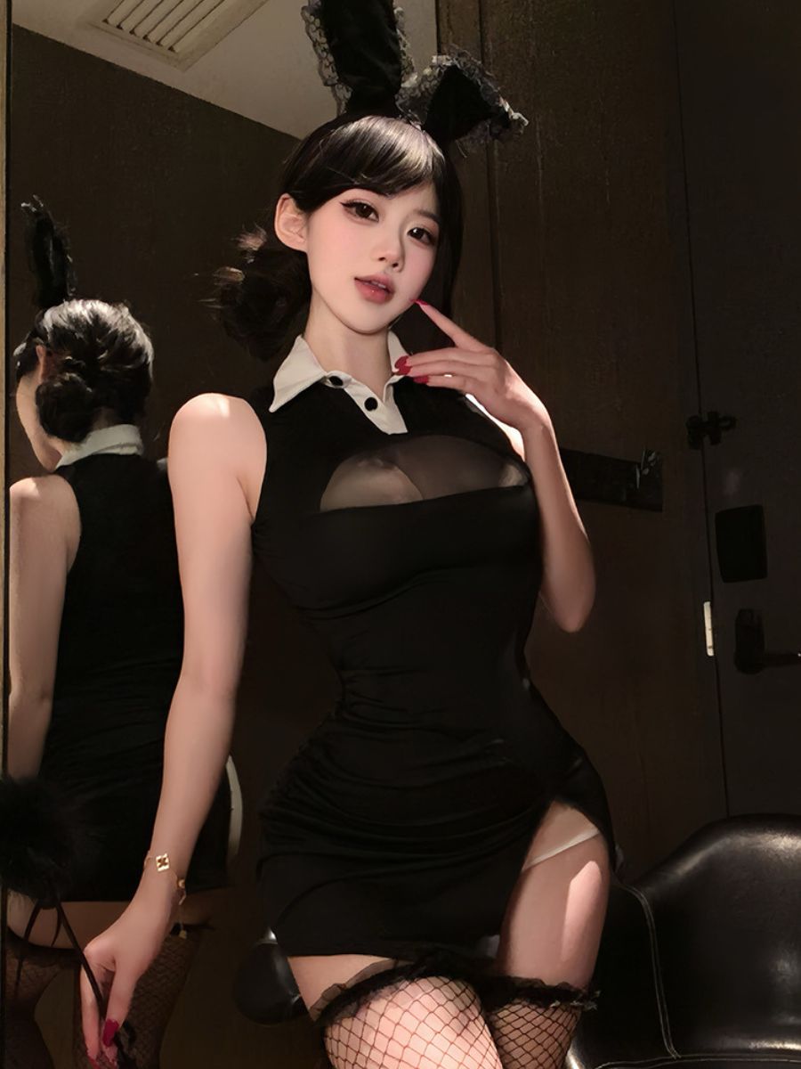Black Bunny Mini Dress Costume - Sweet Flirty Cosplay Skirt Set blesssafe