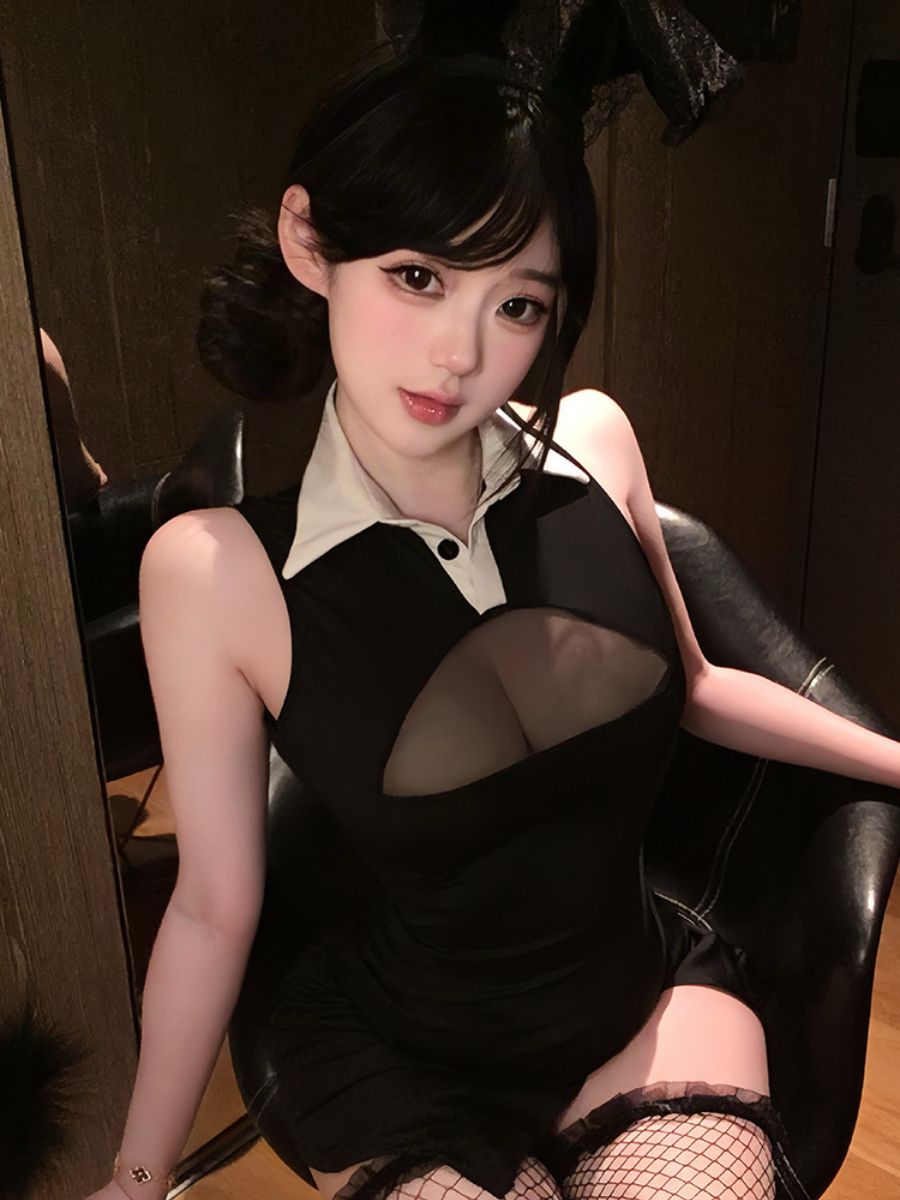 Black Bunny Mini Dress Costume - Sweet Flirty Cosplay Skirt Set blesssafe