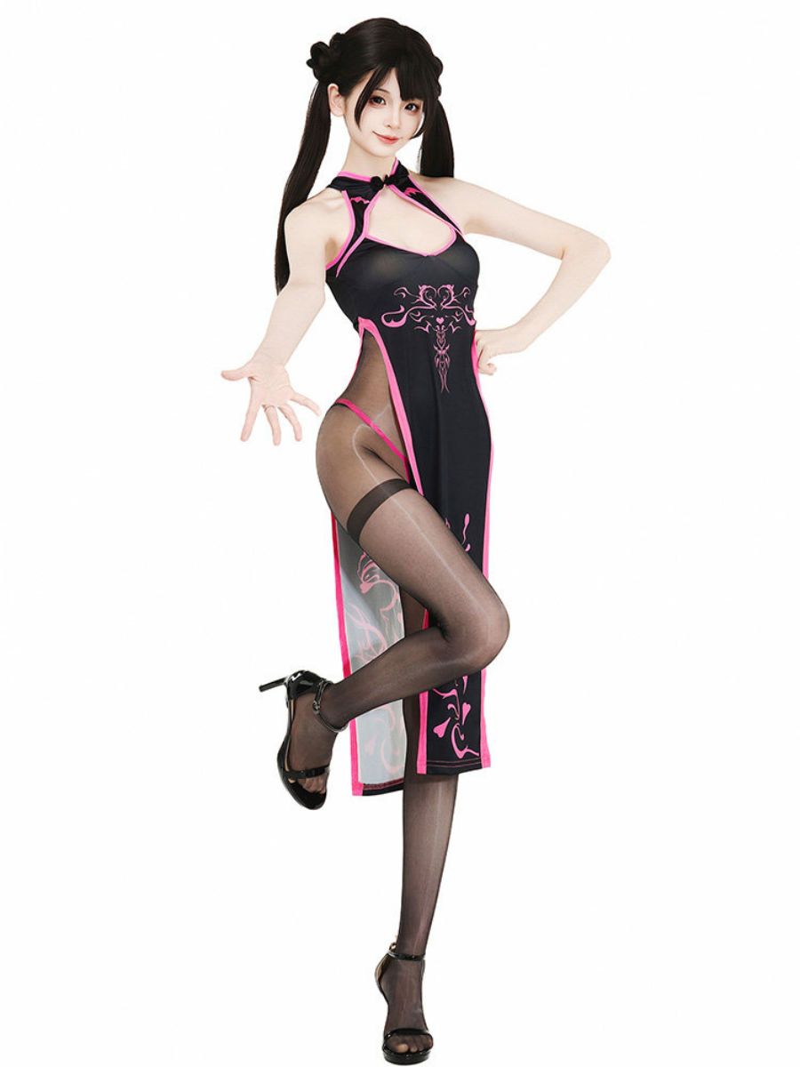 Black & Neon Pink High Slit Cheongsam - Cyber Contrast Qipao Blesssafe