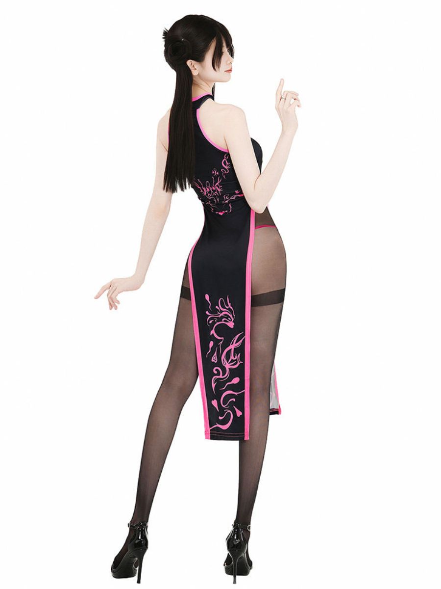 Black & Neon Pink High Slit Cheongsam - Cyber Contrast Qipao Blesssafe