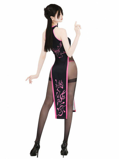 Black & Neon Pink High Slit Cheongsam - Cyber Contrast Qipao Blesssafe
