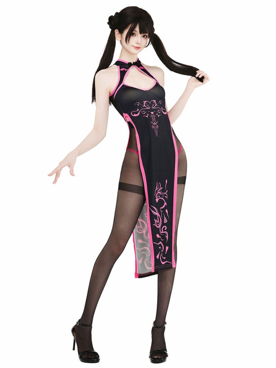 Black & Neon Pink High Slit Cheongsam - Cyber Contrast Qipao Blesssafe