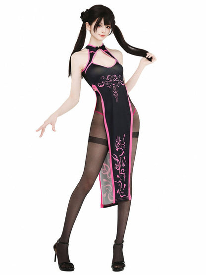 Black & Neon Pink High Slit Cheongsam - Cyber Contrast Qipao Blesssafe