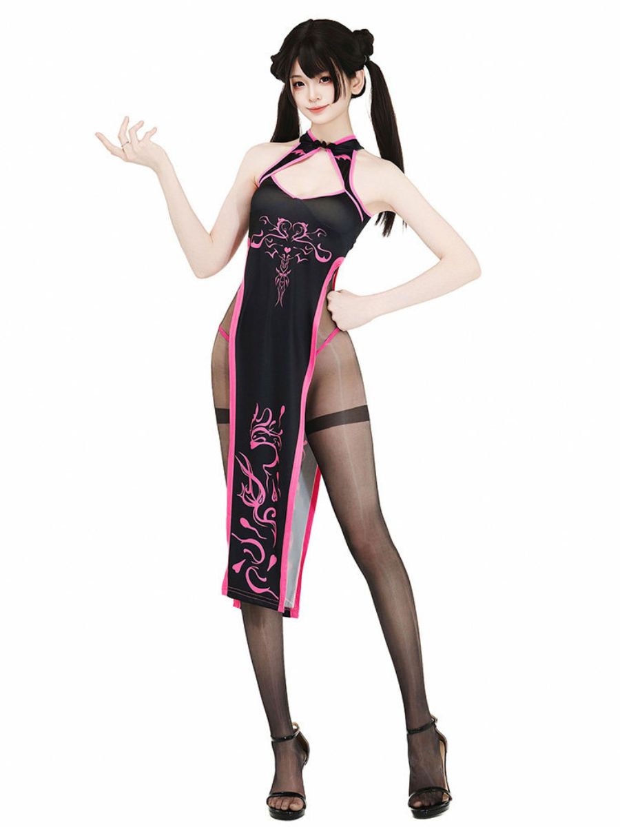 Black & Neon Pink High Slit Cheongsam - Cyber Contrast Qipao Blesssafe