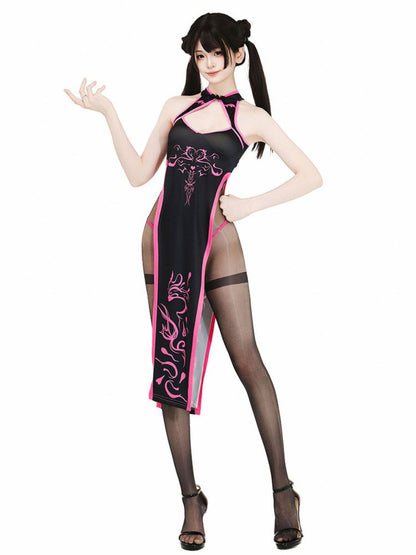Black & Neon Pink High Slit Cheongsam - Cyber Contrast Qipao Blesssafe