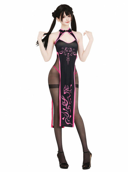 Black & Neon Pink High Slit Cheongsam - Cyber Contrast Qipao Blesssafe