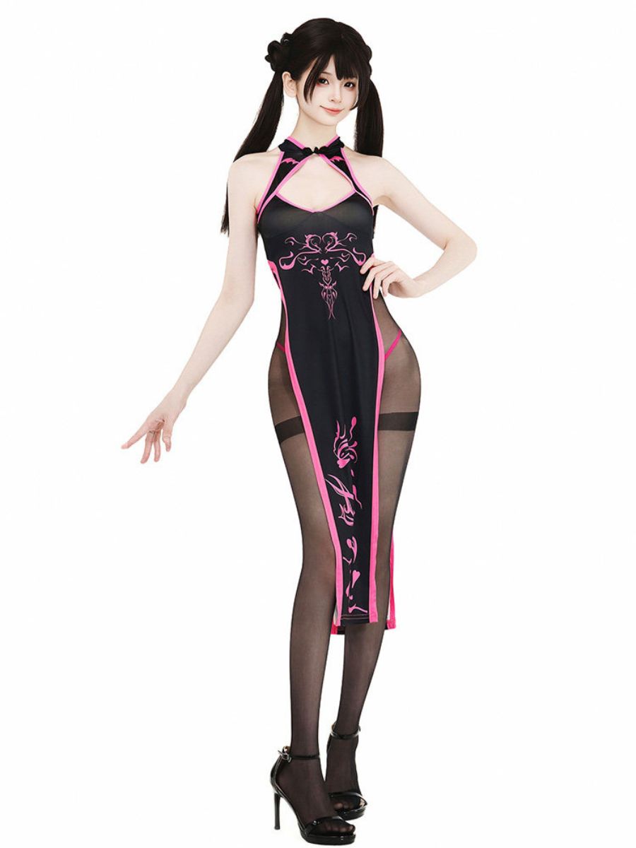 Black & Neon Pink High Slit Cheongsam - Cyber Contrast Qipao Blesssafe