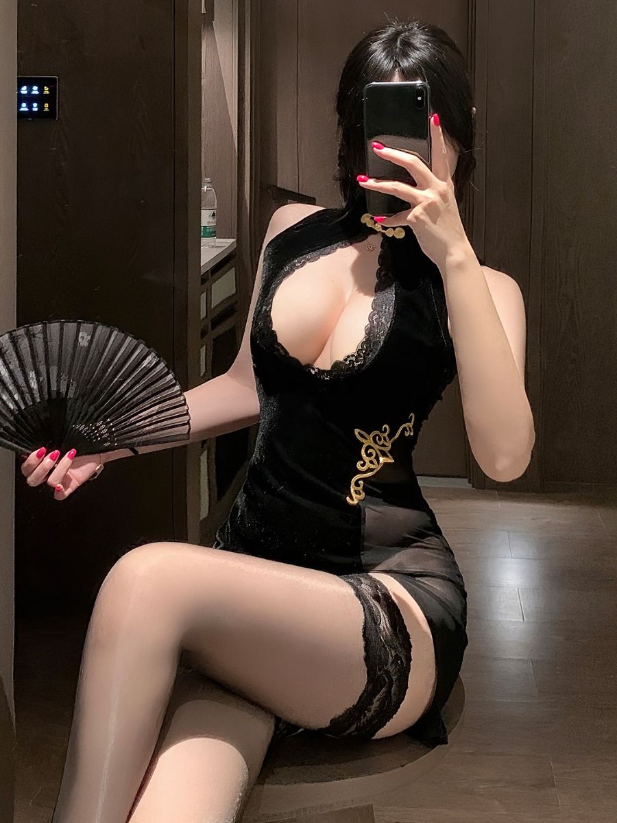 Exotic Velvet Keyhole Qipao Dress - Sexy Cutout Chinese Nightie Blesssafe