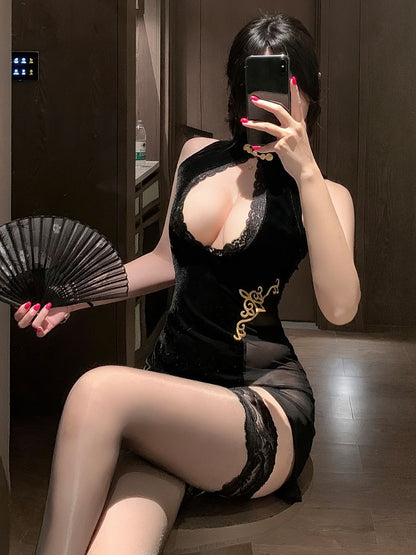 Exotic Velvet Keyhole Qipao Dress - Sexy Cutout Chinese Nightie Blesssafe