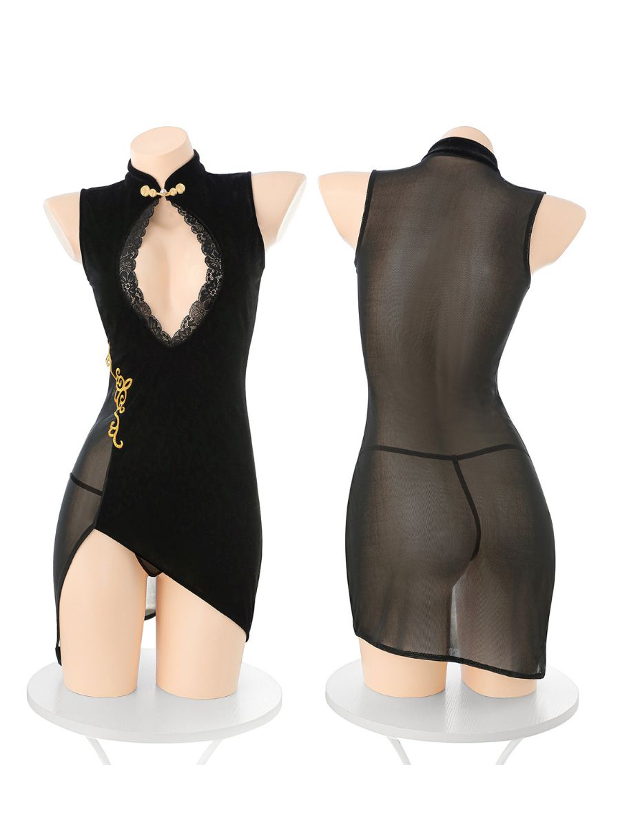 Exotic Velvet Keyhole Qipao Dress - Sexy Cutout Chinese Nightie Blesssafe