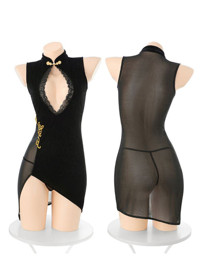 Exotic Velvet Keyhole Qipao Dress - Sexy Cutout Chinese Nightie Blesssafe