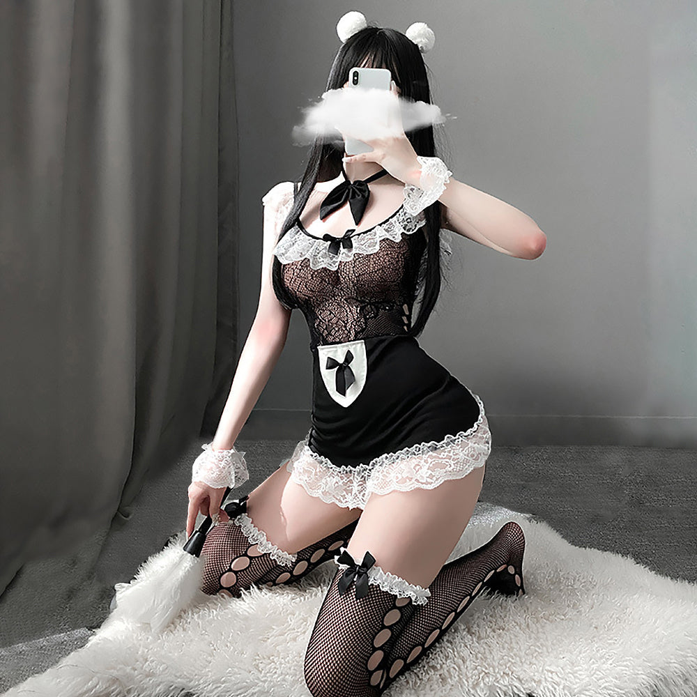 Classic Black Anime Maid Cosplay Outfit Lace Trim Babydoll Set Blesssafe