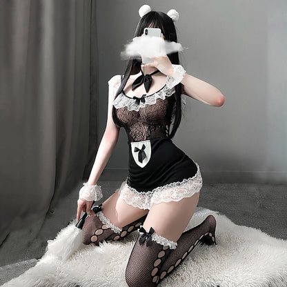 Classic Black Anime Maid Cosplay Outfit Lace Trim Babydoll Set Blesssafe